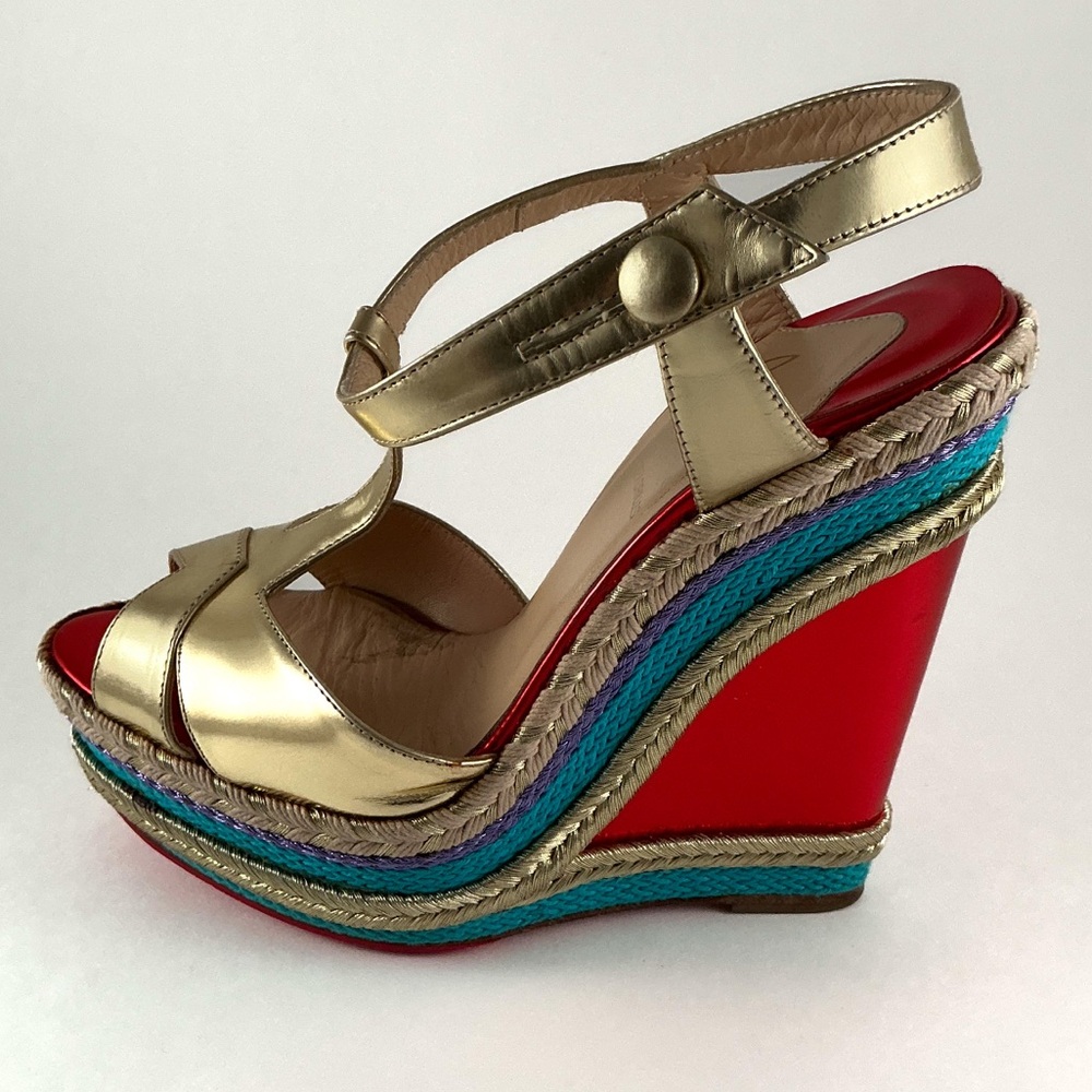 Christian Louboutin Trotolita Metallic Gold Wedge Sandals - Picture 6 of 11